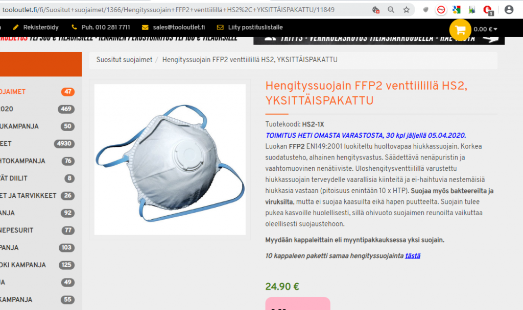 Hengityssuojain FFP2 venttiilillä HS2 1 kpl 19,90 e.PNG